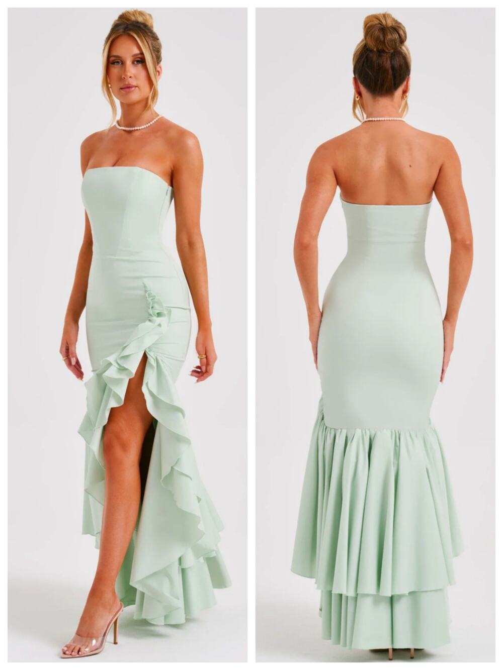 Babyboo Angelina Sage Strapless Ruffle Maxi Dress Size S NWT